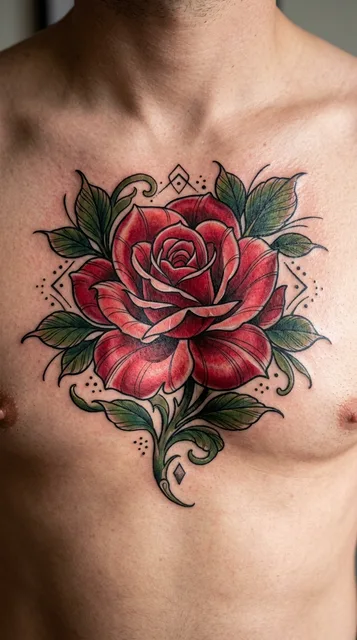 Color neo traditional rose tattoo on a man's chest