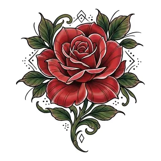 Color neo traditional rose tattoo design, drawn flat for a chest tattoo