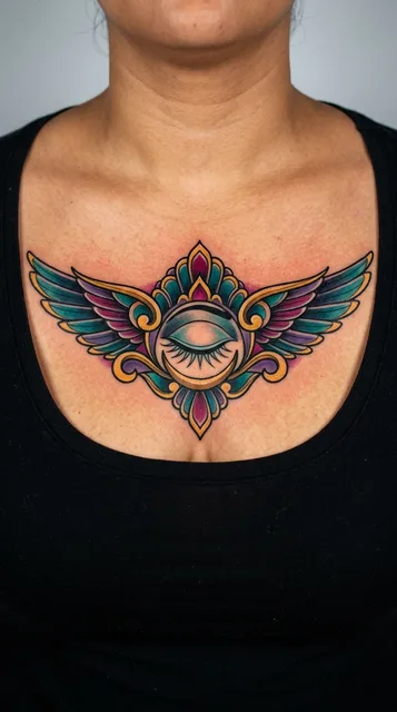 Color new school tattoo on a woman's chest