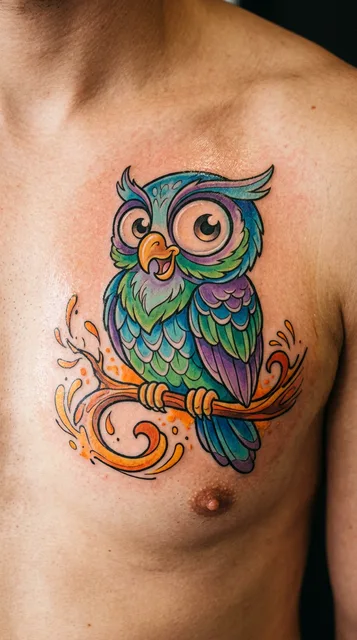 Color new school owl tattoo on a man's chest
