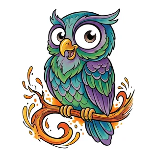 Color new school owl tattoo design, drawn flat for a chest tattoo