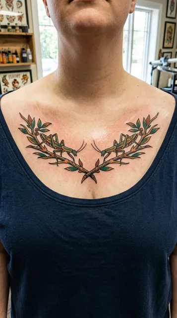 Color traditional tattoo on a woman's chest