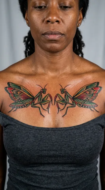 Color traditional tattoo on a woman's chest