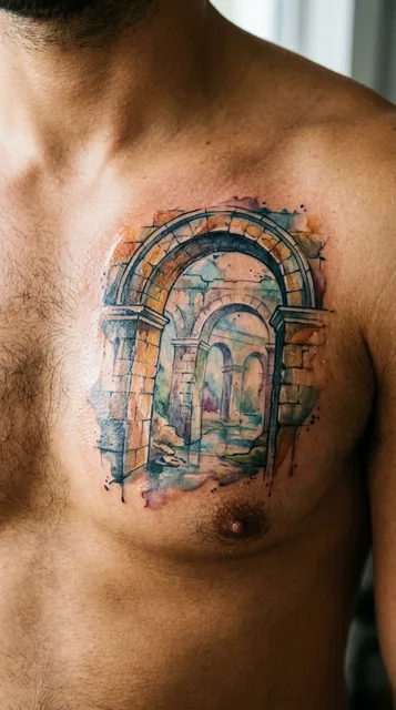 Color watercolor archway tattoo on a man's chest