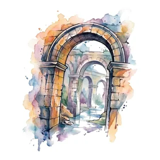 Color watercolor archway tattoo design, drawn flat for a chest tattoo