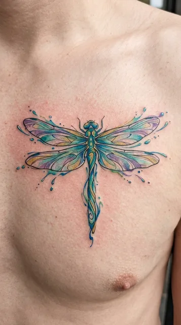Color watercolor dragonfly tattoo on a man's chest