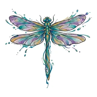 Color watercolor dragonfly tattoo design, drawn flat for a chest tattoo