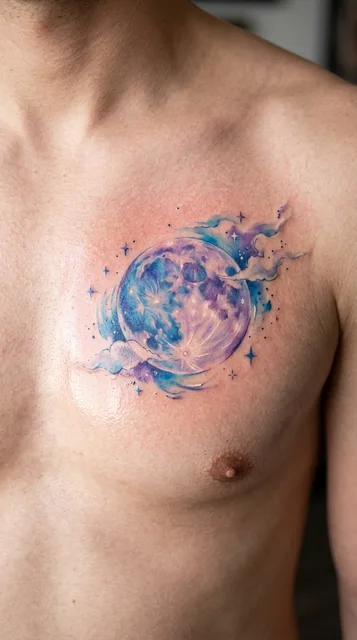 Color watercolor moon tattoo on a man's chest