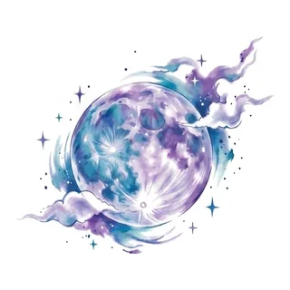 Color watercolor moon tattoo design, drawn flat for a chest tattoo
