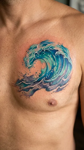 Color watercolor wave tattoo on a man's chest