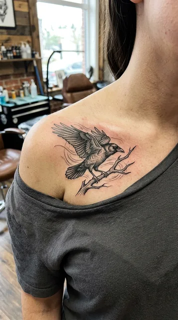 Black and white blackwork crow tattoo on a woman's collarbone