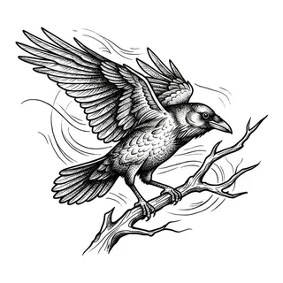 Black and white blackwork crow tattoo design, drawn flat for a collarbone tattoo
