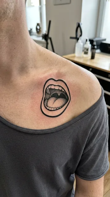 Black and white blackwork mouth tattoo on a man's collarbone