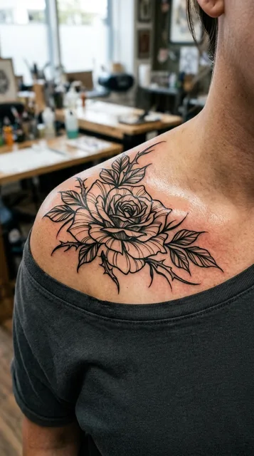 Black and white blackwork rose tattoo on a woman's collarbone
