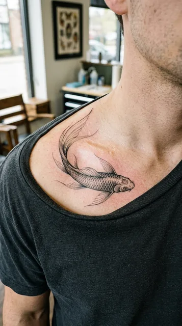 koi fish tattoo on the collarbone