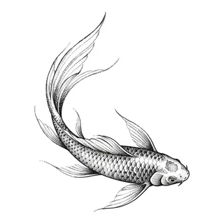 Black and grey dotwork koi fish tattoo design, drawn flat for a collarbone tattoo