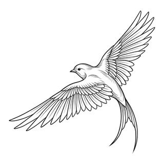 Black and white fine line bird tattoo design, outline stencil for a collarbone tattoo