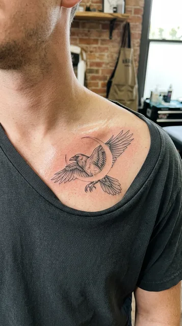 Black and white fine line raven moon tattoo on a man's collarbone
