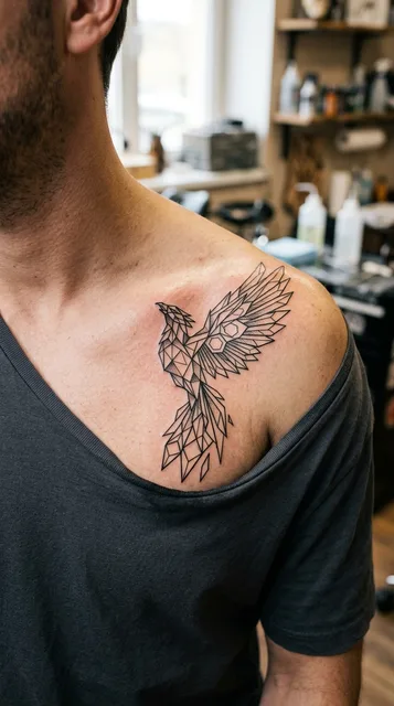 Black and white geometric phoenix tattoo on a man's collarbone