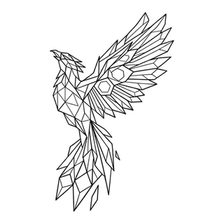 Black and white geometric phoenix tattoo design, outline stencil for a collarbone tattoo
