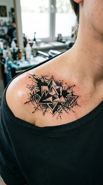 Black and white geometric star tattoo on a woman's collarbone