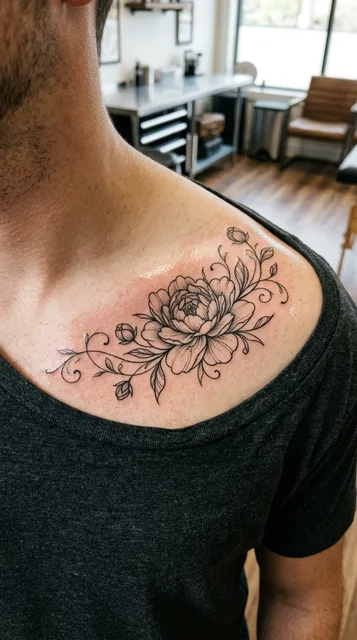 Black and grey illustrative flower tattoo on a man's collarbone