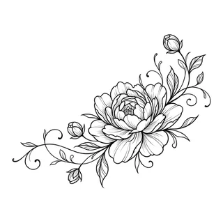 Black and grey illustrative flower tattoo design, drawn flat for a collarbone tattoo