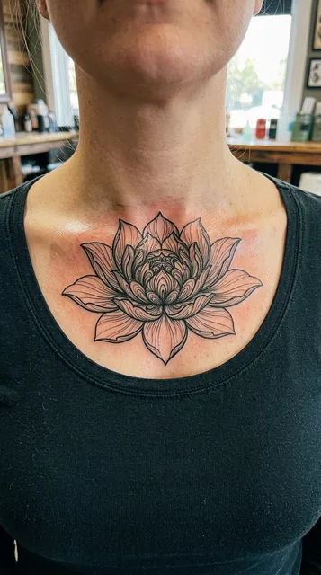 Black and grey illustrative lotus tattoo on a woman's collarbone