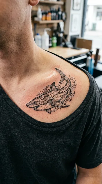Black and grey illustrative shark tattoo on a man's collarbone