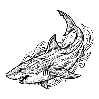 Black and grey illustrative shark tattoo design, drawn flat for a collarbone tattoo