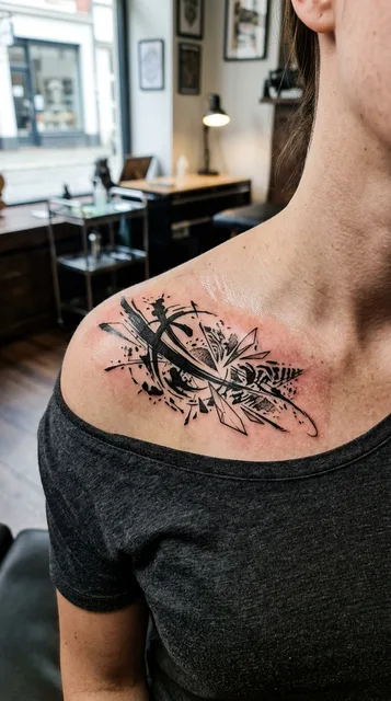 Black and white linework abstract tattoo on a woman's collarbone