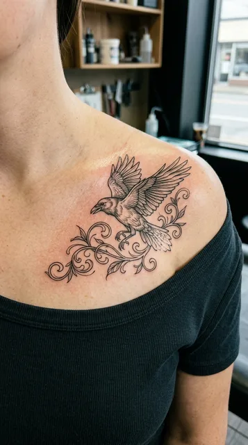 Black and white linework raven tattoo on a woman's collarbone