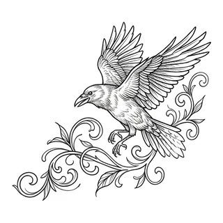 Black and white linework raven tattoo design, outline stencil for a collarbone tattoo