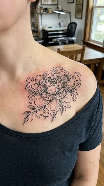 Black and grey ornamental flower tattoo on a woman's collarbone
