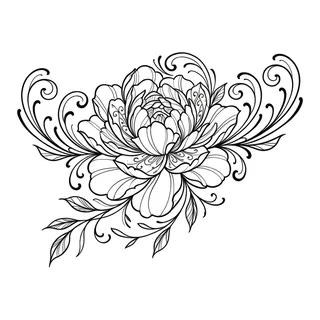 Black and grey ornamental flower tattoo design, drawn flat for a collarbone tattoo
