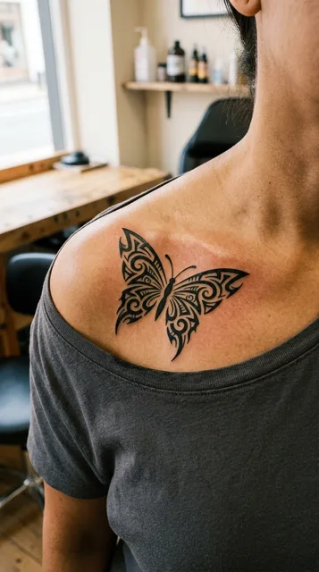 Black and white tribal butterfly tattoo on a woman's collarbone