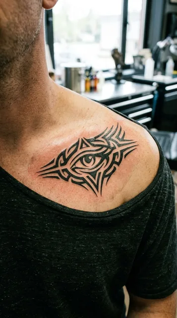 Black and white tribal eye tattoo on a man's collarbone