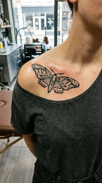 Black and white tribal moth tattoo on a woman's collarbone