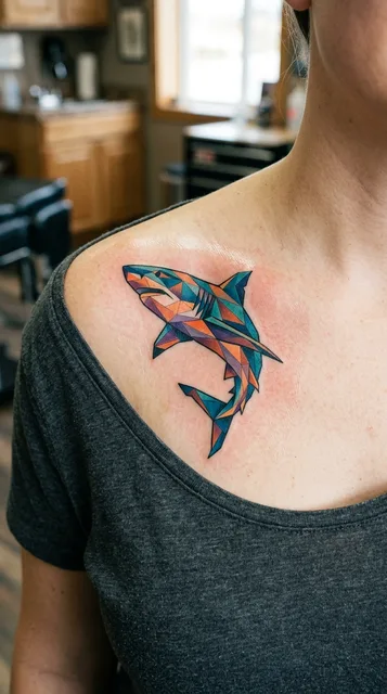 Color geometric shark tattoo on a woman's collarbone