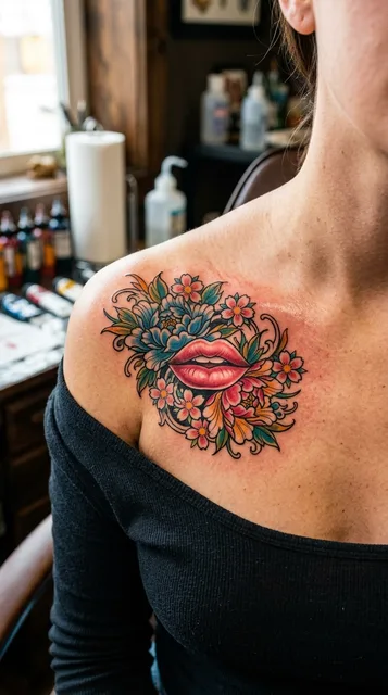 Color Japanese lips flowers tattoo on a woman's collarbone