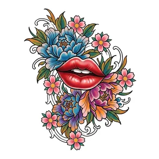 Color Japanese lips flowers tattoo design, drawn flat for a collarbone tattoo