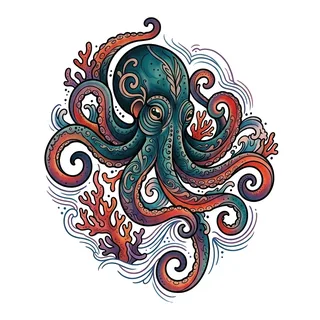 Color neo traditional octopus tattoo design, drawn flat for a collarbone tattoo