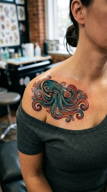 Octopus tattoo on the collarbone