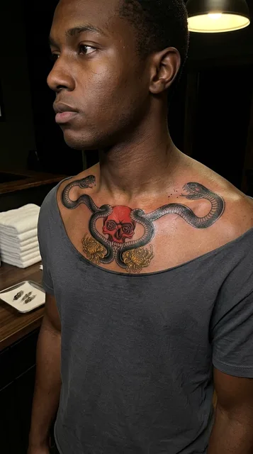 Color neo traditional skull tattoo on a man's collarbone