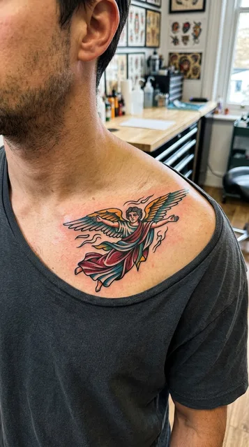 Color traditional angel tattoo on a man's collarbone