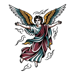Color traditional angel tattoo design, drawn flat for a collarbone tattoo