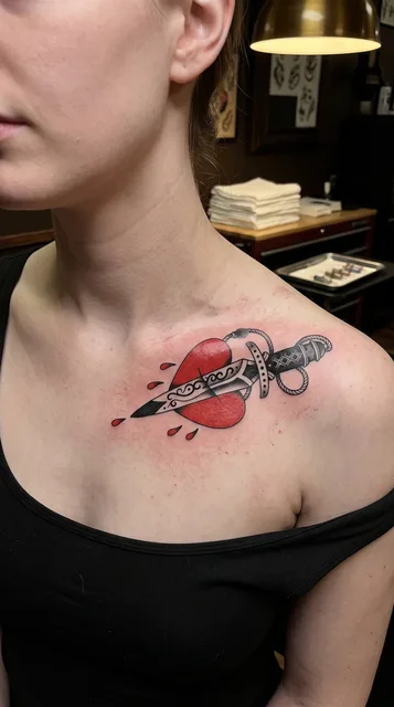 Color traditional dagger heart tattoo on a woman's collarbone