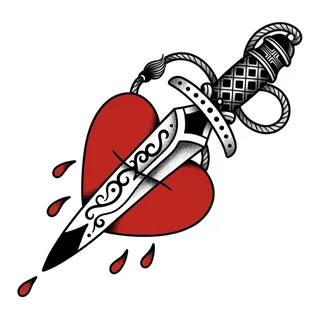 Color traditional dagger heart tattoo design, drawn flat for a collarbone tattoo