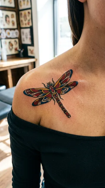 Color traditional dragonfly tattoo on a woman's collarbone