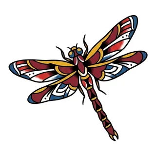 Color traditional dragonfly tattoo design, drawn flat for a collarbone tattoo